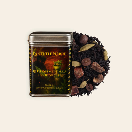 Boîte L'Anti Thé Nèbre, thé noir en vrac saveur cardamome et café, La Bibliothéière
