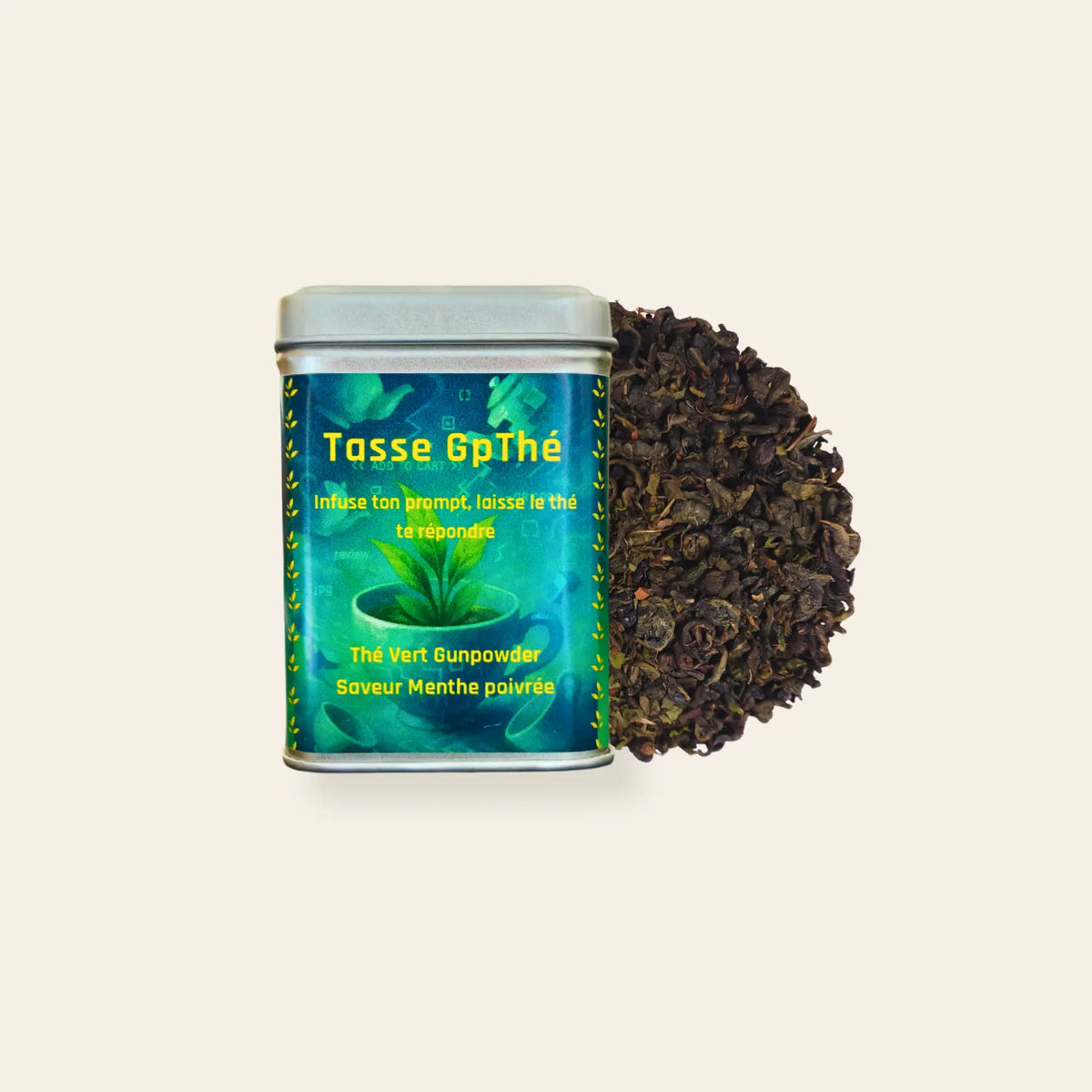 Boîte 50g de thé vert Gunpowder menthe poivrée en vrac Tasse GpThé de La Bibliothéière, billes de thé roulées visibles près de la boîte.