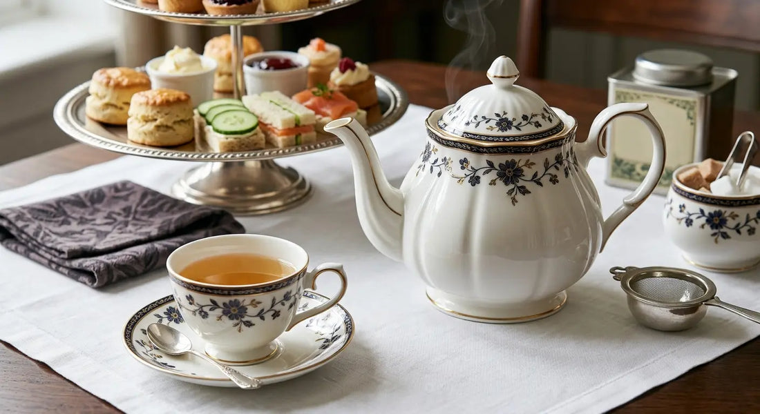 Théière et tasses pour un afternoon tea anglais traditionnel
