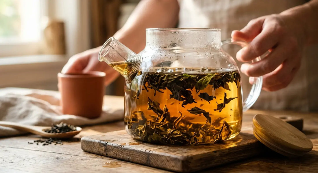 Thé en vrac infusé en liberté dans une théière en verre, méthode sans infuseur