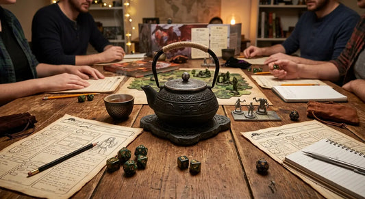 Théière en fonte posée au centre d'une table de jeu de rôle avec dés et fiches de personnage