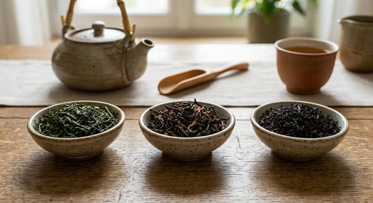 Feuilles de thé vert, oolong et noir coté a cote, différence de couleu