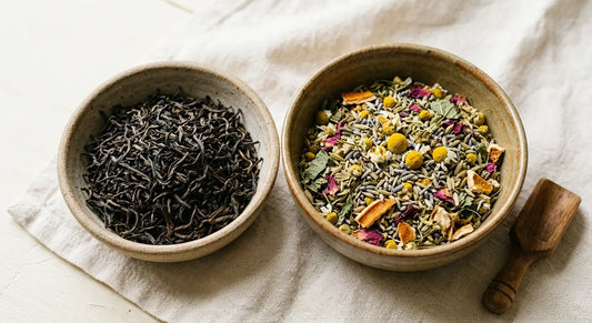 Feuilles de thé en vrac à coté d'un mélange de plantes a infuser, cote à cote sur fond crème