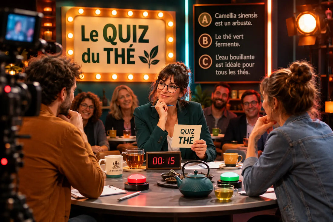 Quiz sur le thé : plateau TV avec buzzer, tasses et théière pour tester ses connaissances sur le thé