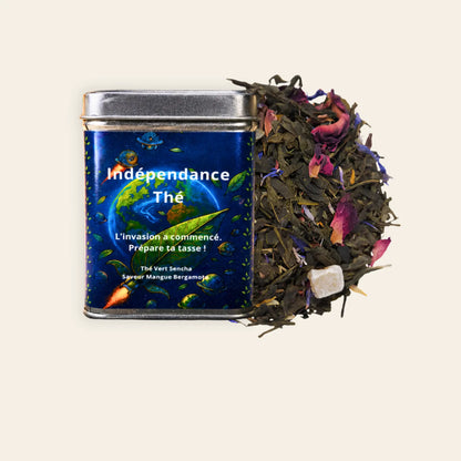 Boîte métal Indépendance Thé, thé vert Sencha saveur mangue bergamote, illustration de planète et soucoupes volantes