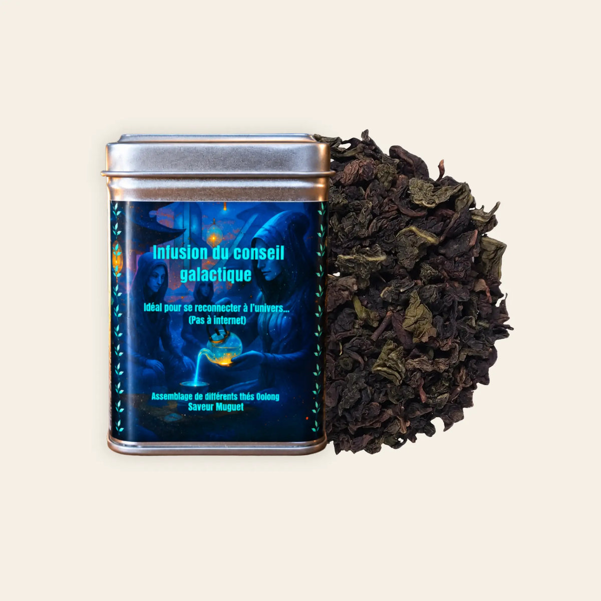 Boîte métal Infusion du conseil galactique, assemblage de thés Oolong saveur muguet, illustration d'oracle dans une lumière bleu nuit
