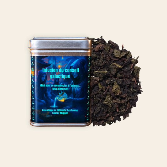 Boîte métal Infusion du conseil galactique, assemblage de thés Oolong saveur muguet, illustration d'oracle dans une lumière bleu nuit