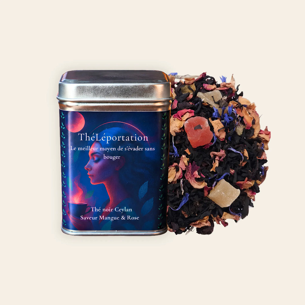 Boîte métal ThéLéportation, thé noir Ceylan saveur mangue et rose, illustration d'un profil de femme dans une ambiance cosmique