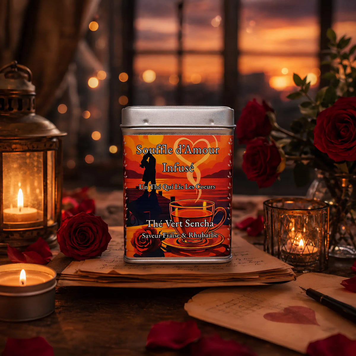 Boîte 100g de thé vert Sencha fraise-rhubarbe Souffle d'Amour Infusé de La Bibliothéière, sur des lettres d'amour à la lueur des bougies