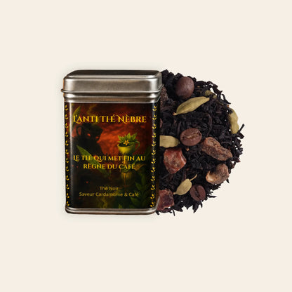 Boîte L'Anti Thé Nèbre, thé noir en vrac saveur cardamome et café, La Bibliothéière