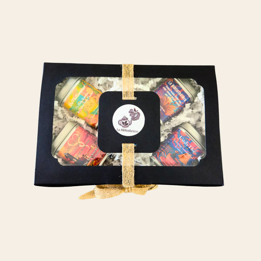 Coffret cadeau La Bibliothéière fermé, ruban en jute et logo, quatre thés en vrac