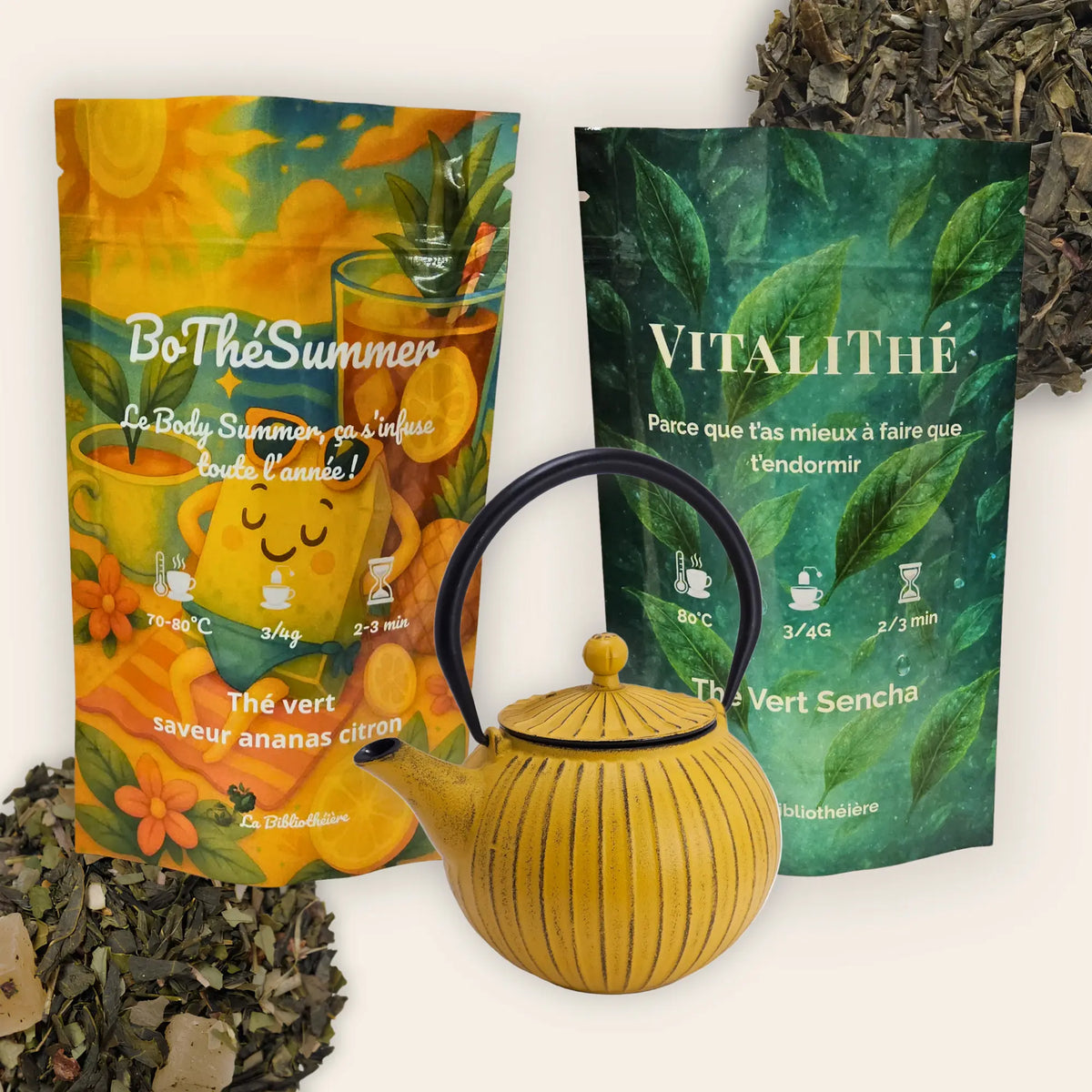 Coffret cadeau thé La Bibliothéière comprenant une théière en fonte jaune, le thé vert Sencha Vitalithé et le mélange fruité BoThéSummer saveur ananas citron.