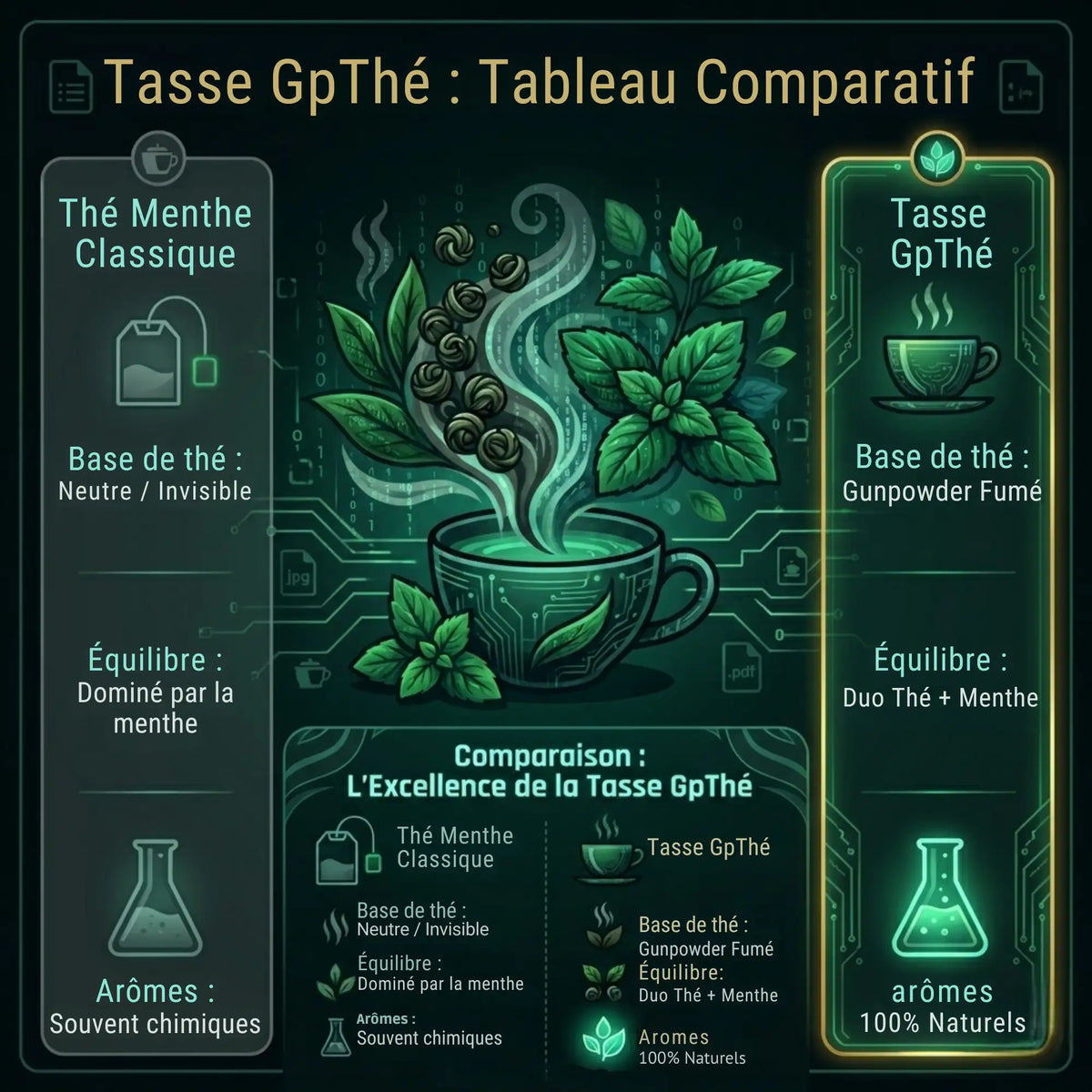 Tableau comparatif entre un thé à la menthe classique et la Tasse GpThé de La Bibliothéière, soulignant l'utilisation d'une base Gunpowder fumée et d'arômes 100% naturels face aux arômes chimiques industriels.