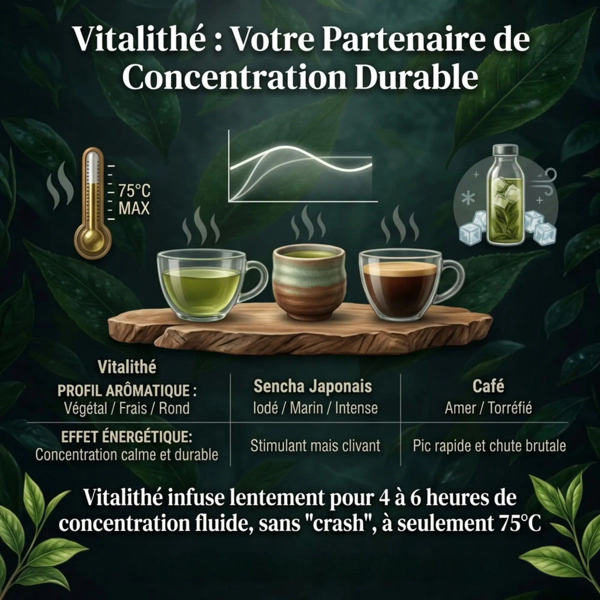 Infographie comparative Vitalithé : boisson de concentration durable vs Sencha japonais et café. Le visuel montre trois tasses sur un socle en bois, un graphique d'énergie stable pour le Vitalithé, et des conseils de préparation (75°C max, infusion lente). Le texte souligne un effet énergétique de 4 à 6 heures sans pic ni chute brutale, avec un profil aromatique végétal, frais et rond