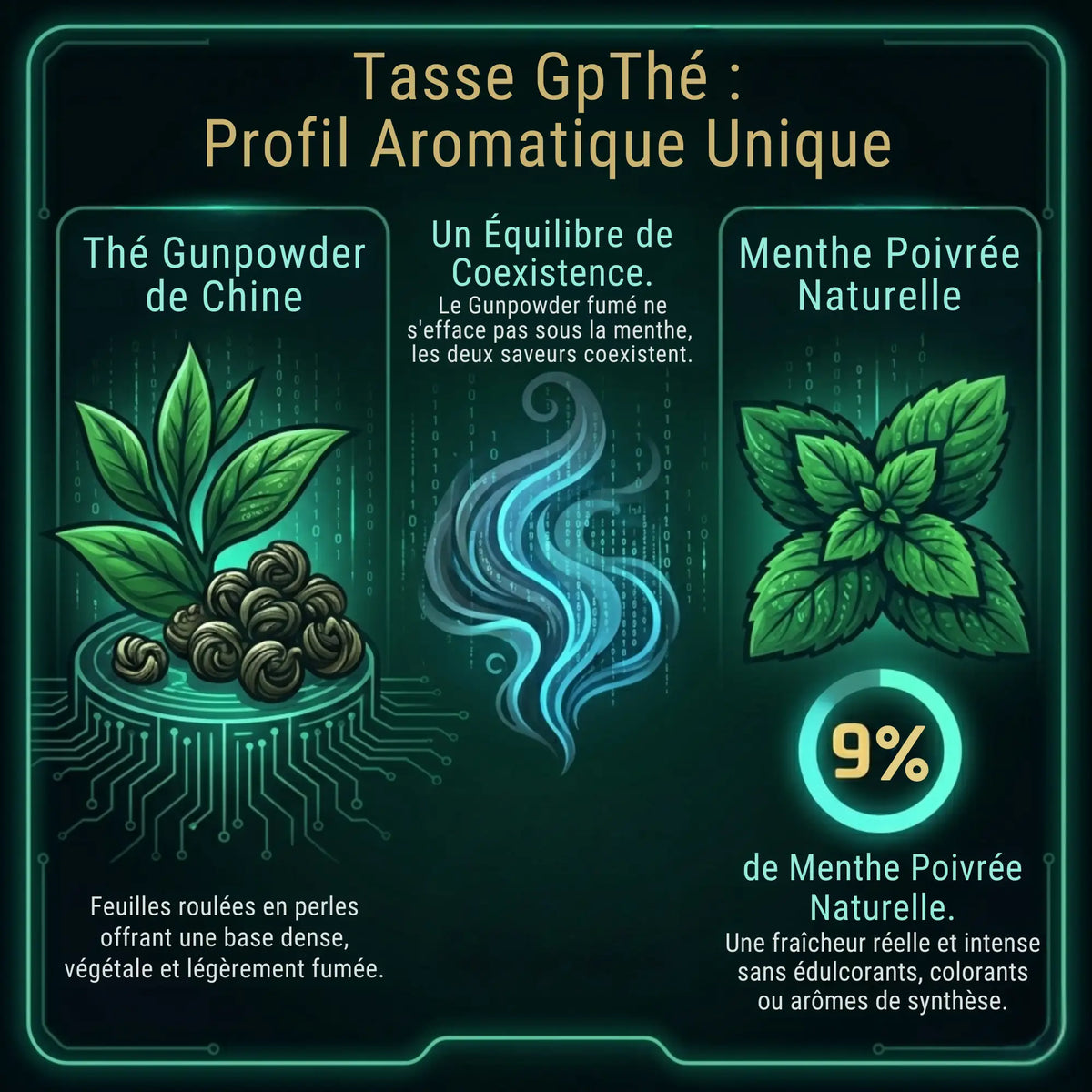 Infographie du profil aromatique de la Tasse GpThé : mélange de feuilles de thé Gunpowder de Chine roulées en perles et 9% de menthe poivrée naturelle pour une fraîcheur intense sans synthèse.