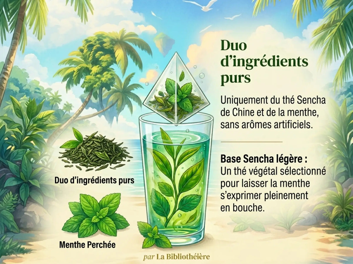 Infographie présentant les ingrédients du thé "Menthe Perchée" : un duo de thé vert Sencha de Chine et de feuilles de menthe sans arômes artificiels. Illustration de feuilles de thé vrac et de menthe fraîche sur un fond de paysage exotique avec un verre de thé glacé.