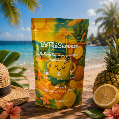 Sachet souple de thé vert aromatisé ananas citron, format recharge économique et écologique.