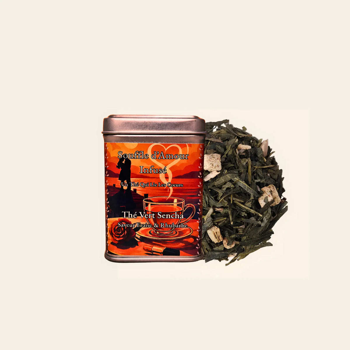 Boîte Souffle d'Amour, thé vert Sencha en vrac saveur fraise et rhubarbe, La Bibliothéière