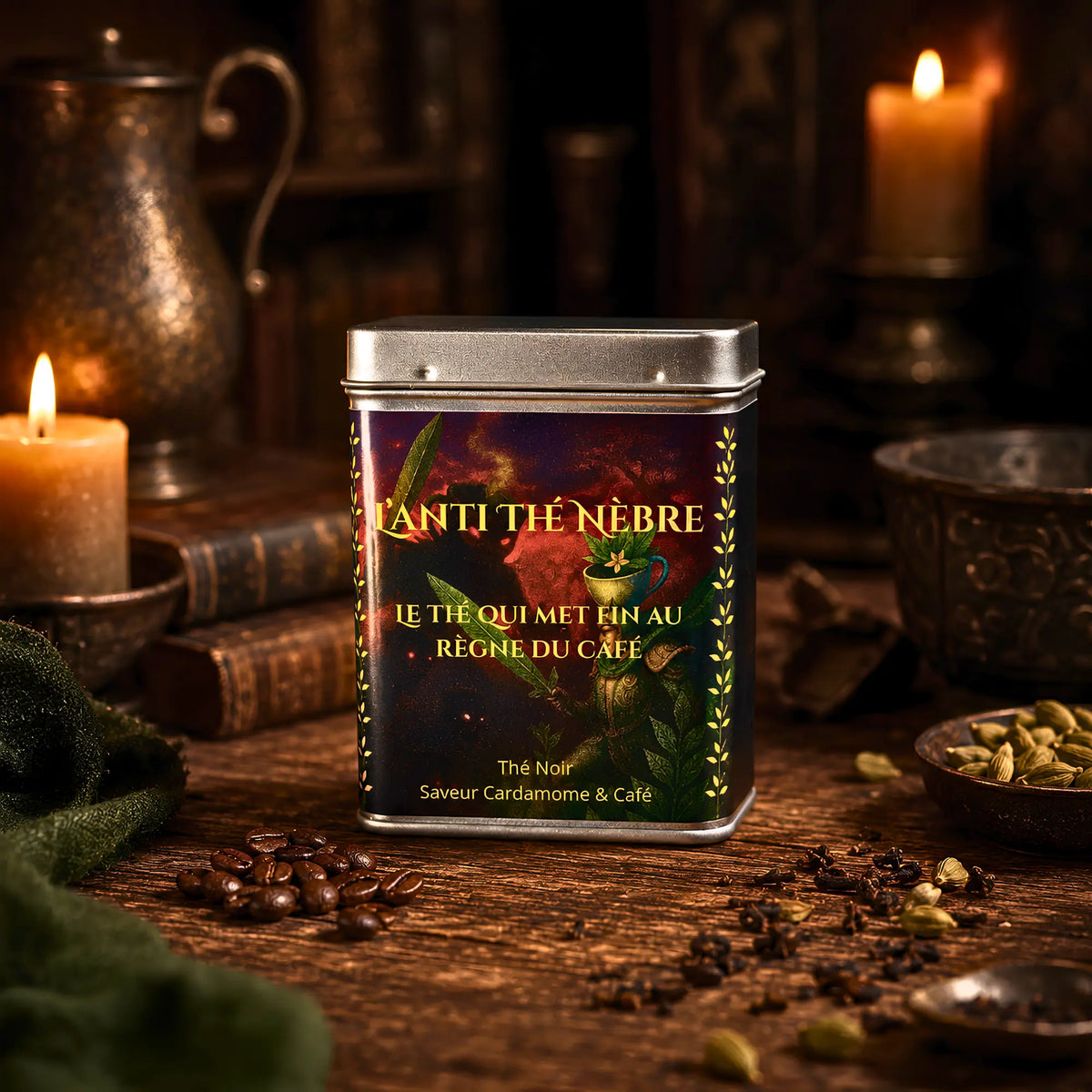 Grande boîte de thé noir Café et Cardamome 100g, design sombre et doré de la marque La Bibliothéière pour une expérience de dégustation intense.