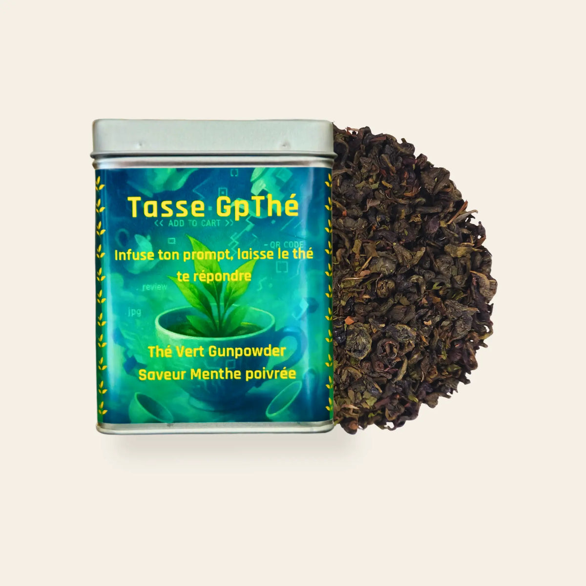 Boîte 100g de thé vert Gunpowder menthe poivrée en vrac Tasse GpThé de La Bibliothéière, billes de thé roulées visibles près de la boîte.