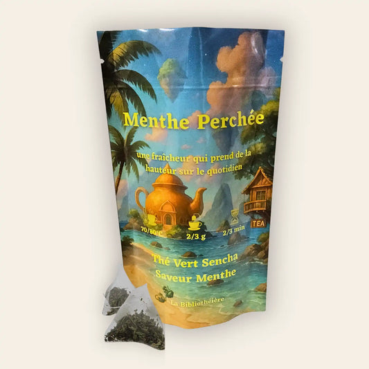 Découvrez Menthe Perchée, un thé vert Sencha premium avec 21% de menthe. En sachets pyramides pour une infusion parfaite et une fraîcheur absolue !