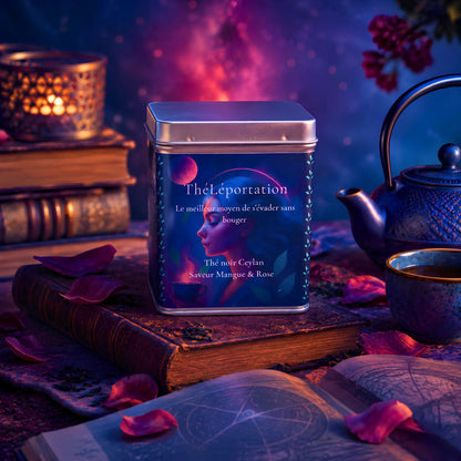 Boîte 100g de thé noir Ceylan saveur mangue-rose ThéLéportation de La Bibliothéière, posée sur de vieux grimoires sous un ciel étoilé