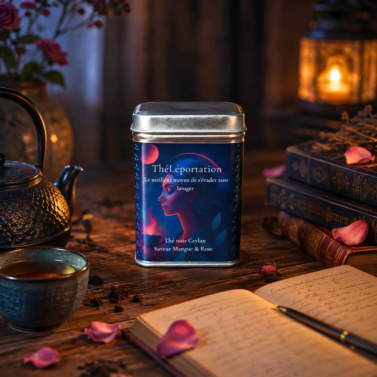 Boîte 50g de thé noir Ceylan saveur mangue-rose ThéLéportation de La Bibliothéière, sur une table en bois éclairée à la bougie près d'un carnet manuscrit