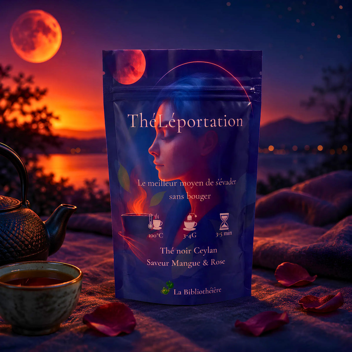 Sachet de thé noir Ceylan en vrac "ThéLéportation" de La Bibliothéière, saveur Mangue et Rose, avec instructions d'infusion sur fond de paysage au coucher du soleil.