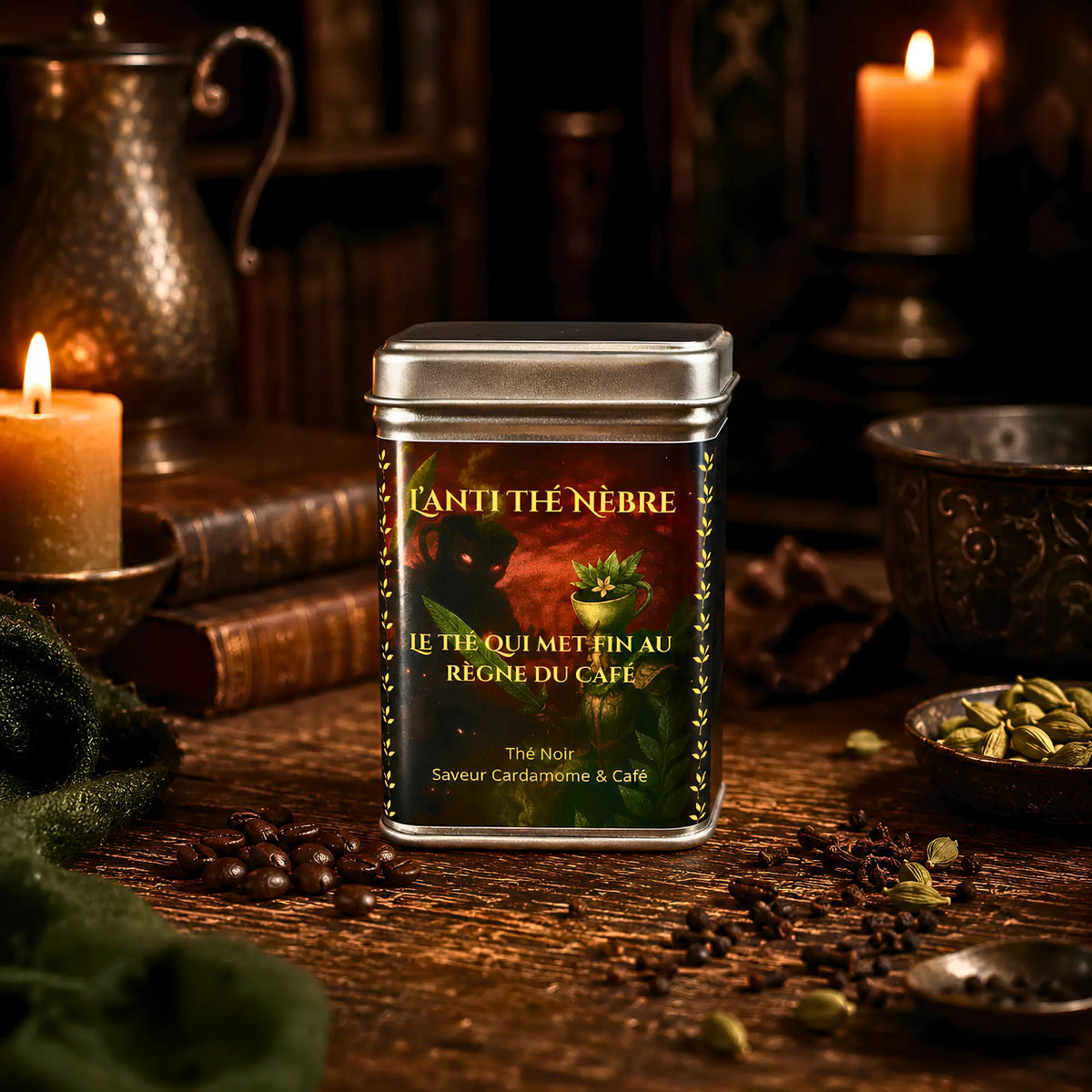 Boîte de thé noir aux épices et café format 50g, écrin métallique hermétique avec illustration fantastique pour conserver les arômes.