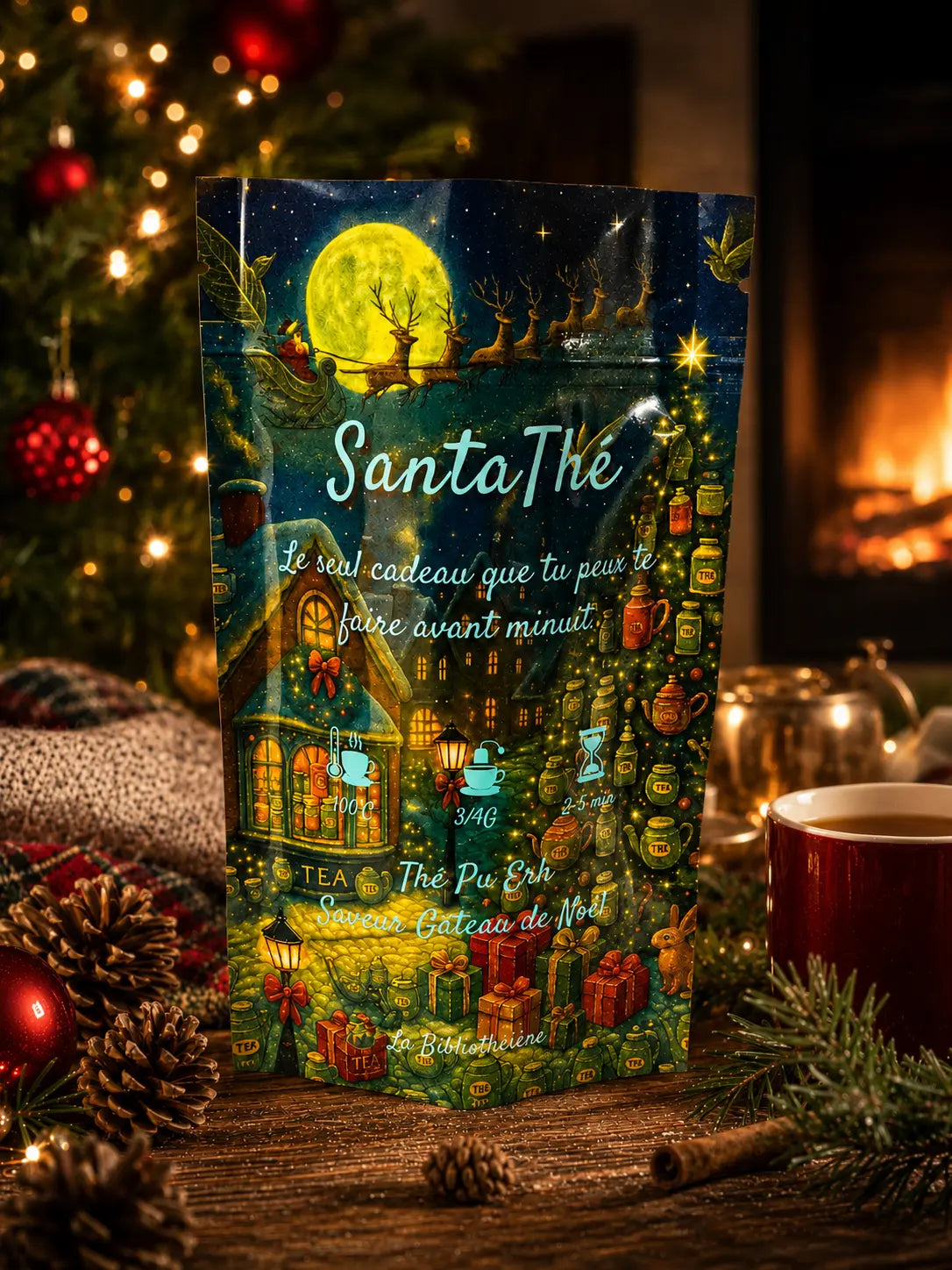 Thé noir Pu Erh de Noël Santa Thé de La Bibliothéière, sachet illustré sur un socle doré entouré de sapins illuminés et décorations de fêtes.