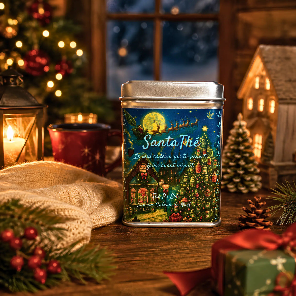 Boîte métal de thé Pu Erh SantaThé saveur gâteau de Noël de La Bibliothéière, ambiance chalet avec bougies et cadeaux