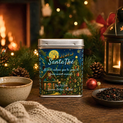 Boîte de thé Pu Erh SantaThé de La Bibliothéière avec feuilles en vrac dans une coupelle, saveur gâteau de Noël