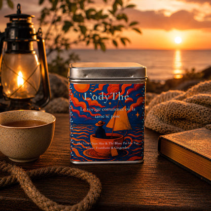 Boîte de thé vert Chun Mee et thé blanc Pai Mu Tan saveur framboise-gingembre de La Bibliothéière, au bord de mer avec lanterne et coucher de soleil