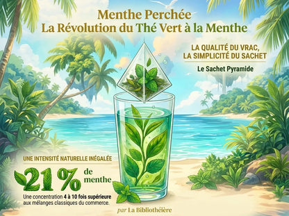 Affiche publicitaire pour le thé vert à la menthe "Menthe Perchée" par La Bibliothéière, mettant en avant un sachet pyramide transparent au-dessus d'un verre de thé infusé sur une plage tropicale. Le texte indique une concentration de 21% de menthe bio, soit 4 à 10 fois supérieure aux mélanges classiques