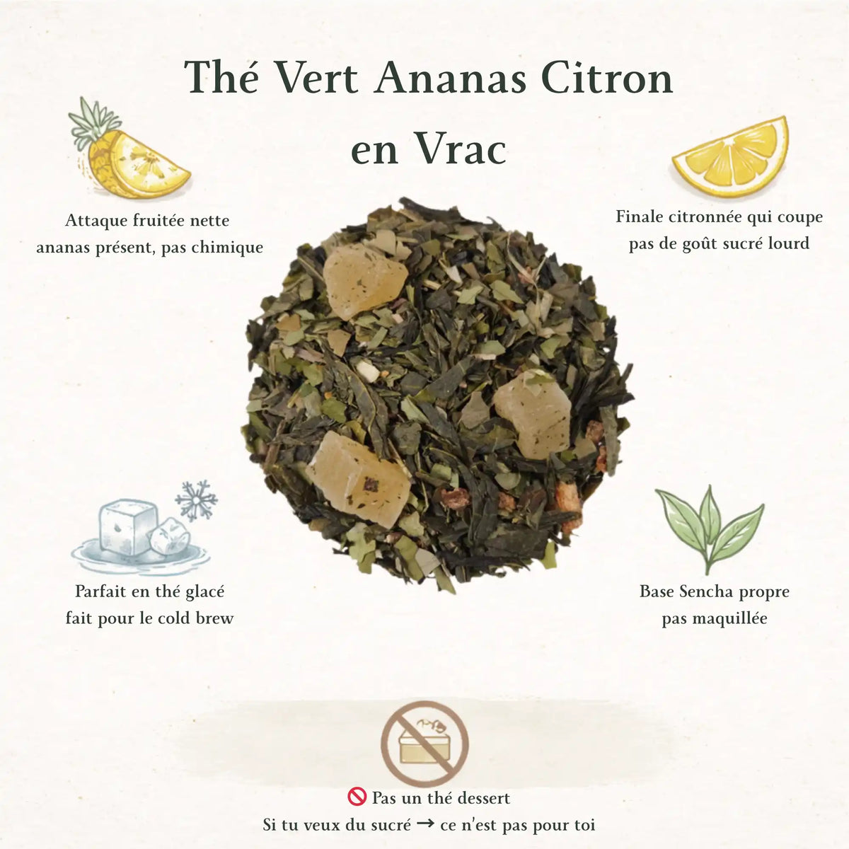 Thé vert Sencha en vrac à l'ananas et au citron, mélange naturel sans goût sucré pour thé glacé et cold brew.
