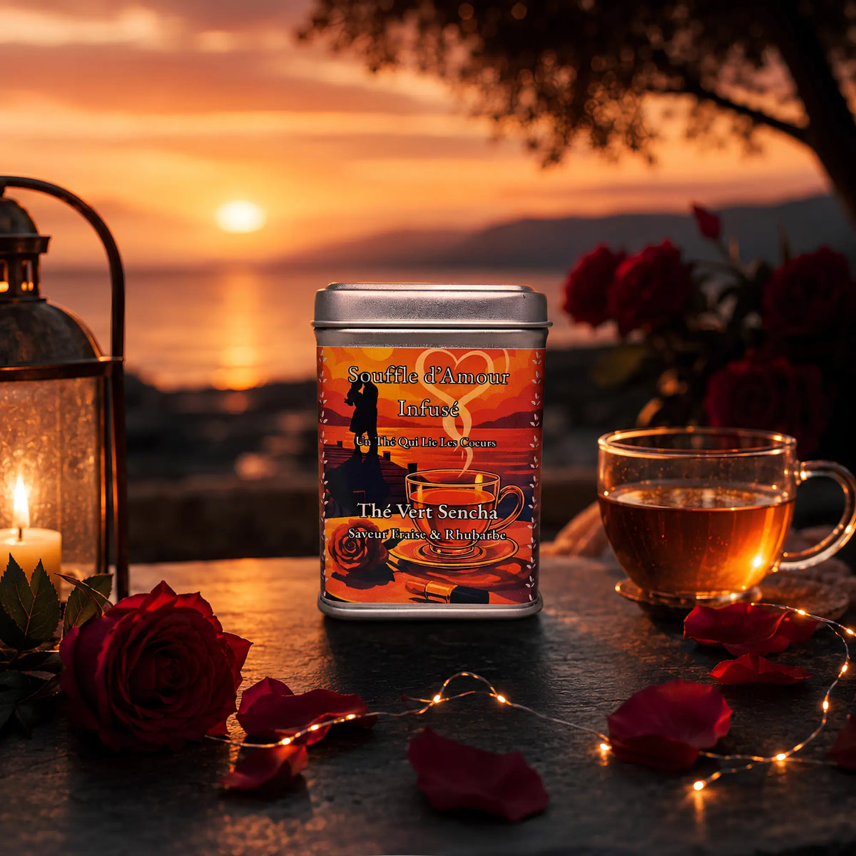 Thé vert Sencha fraise-rhubarbe Souffle d'Amour Infusé de La Bibliothéière, au coucher de soleil avec roses rouges et tasse de thé ambré